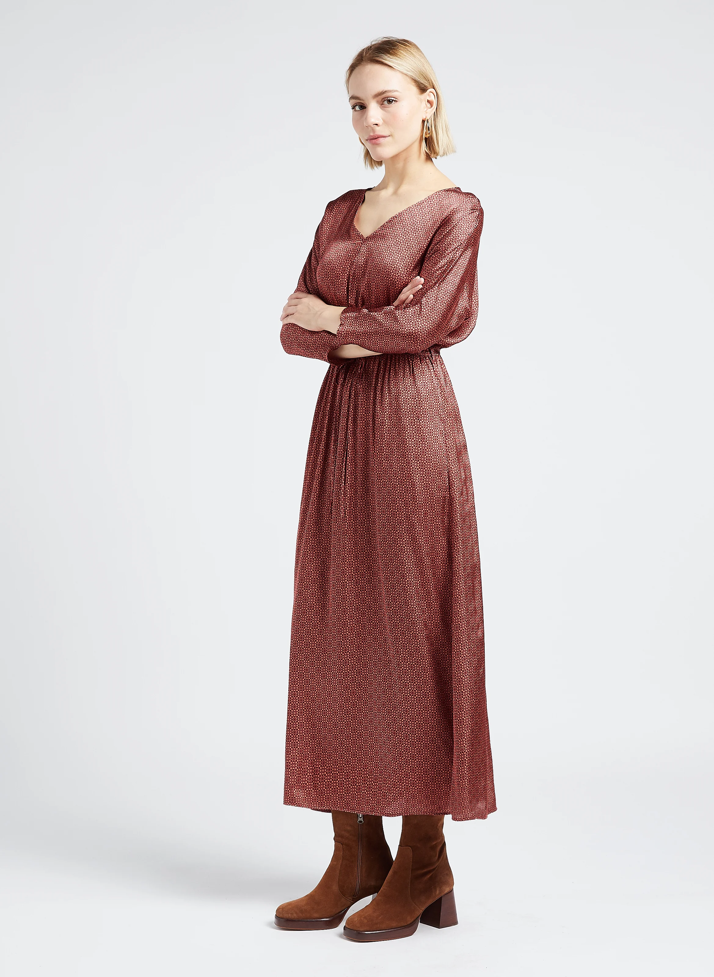 LUNA - Robe midi col V imprimée| Doré