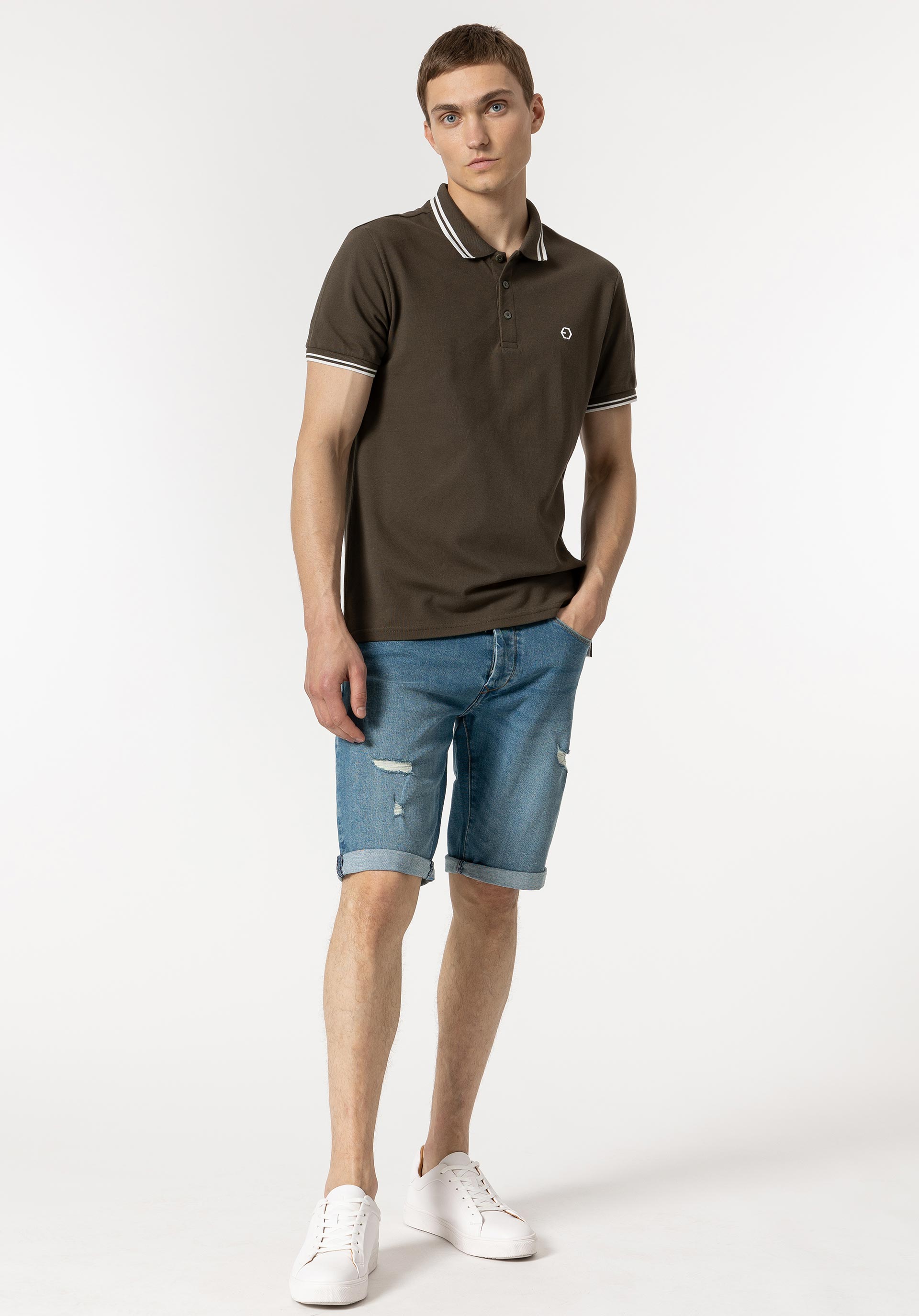 Calções de Ganga Slim Fit com Rasgões