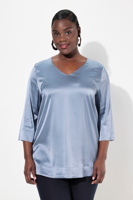 Blusenshirt, Satin, Boxy, V-Ausschnitt, 3/4-Arm