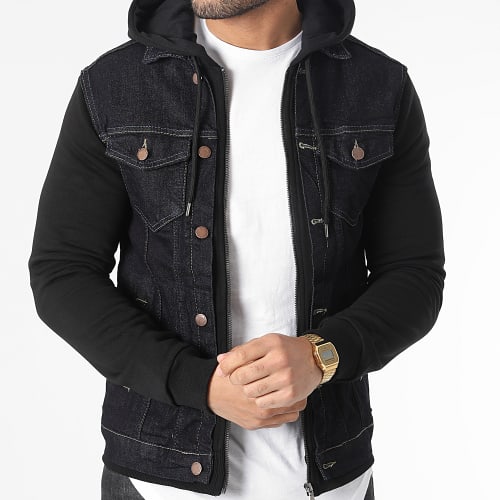 Veste Jean Zippée Capuche FR32 Bleu Brut Noir