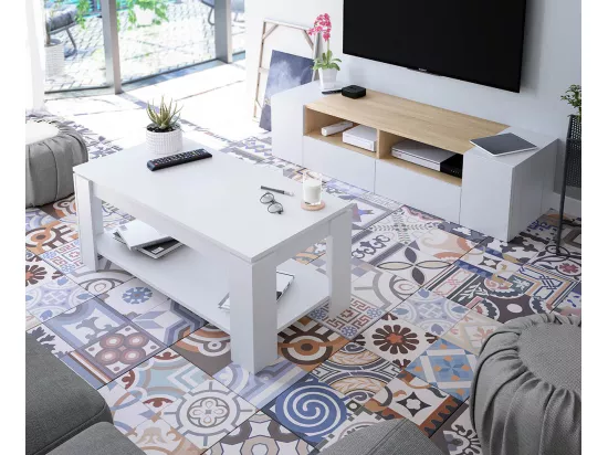 Table Basse relevable coloris blanc artic - 43 x 102 x 50 cm