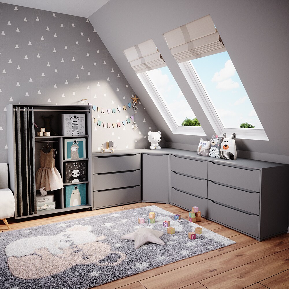 Vicco mobiler Kinderkleiderschrank Dielenschrank Garderobe Doros Grau modern 100 x 147 cm Faltboxen offen rollbar