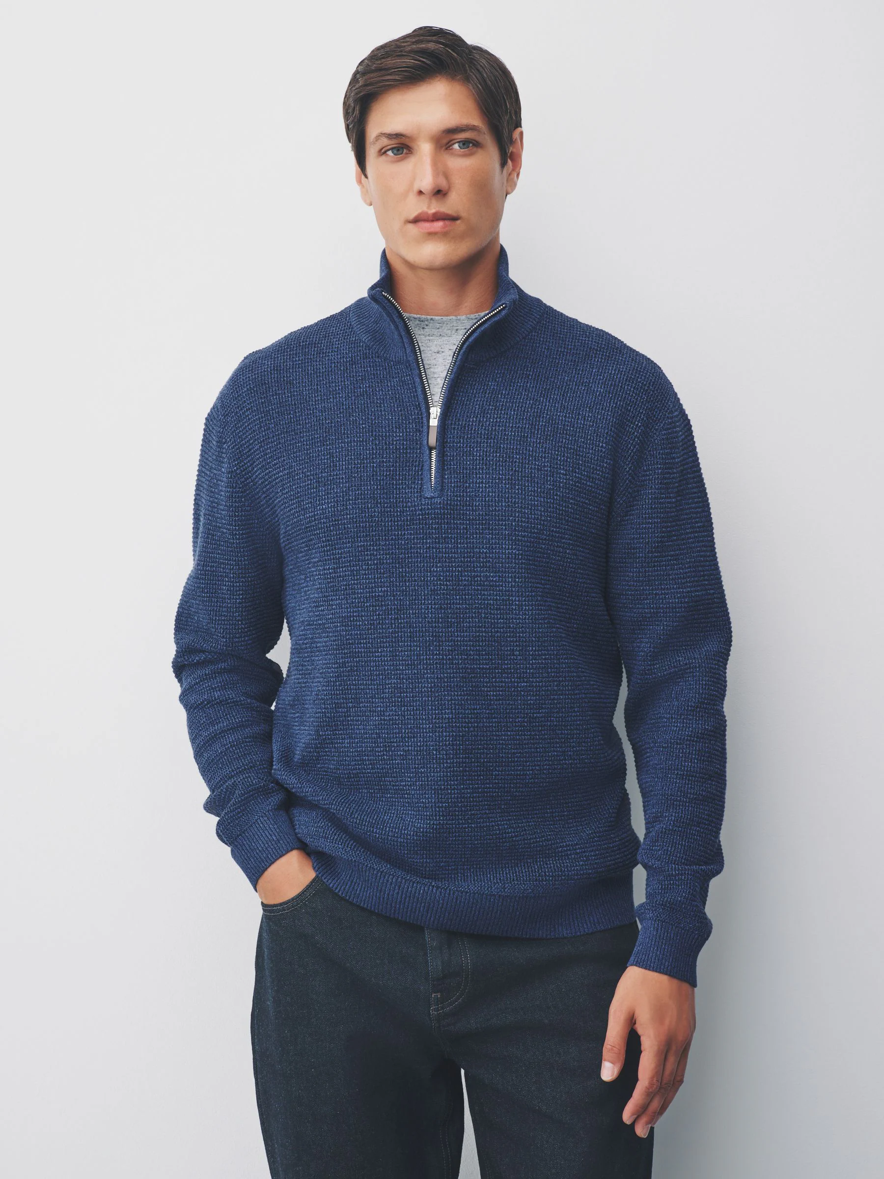 Blauw - Effen - Regular Fit 100% Cotton Textured Premium Quarter Zip Jumper