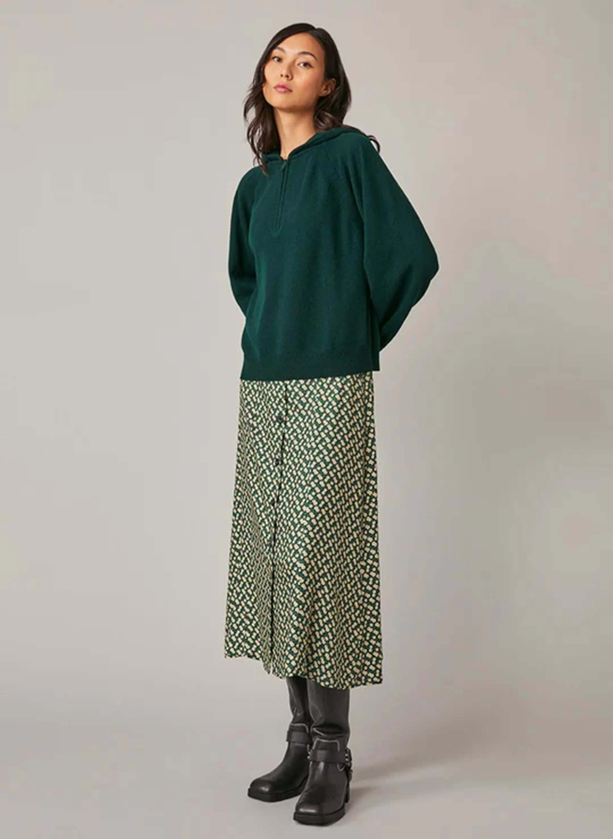 EMILE - Pull à capuche zippé en laine mérinos | Vert