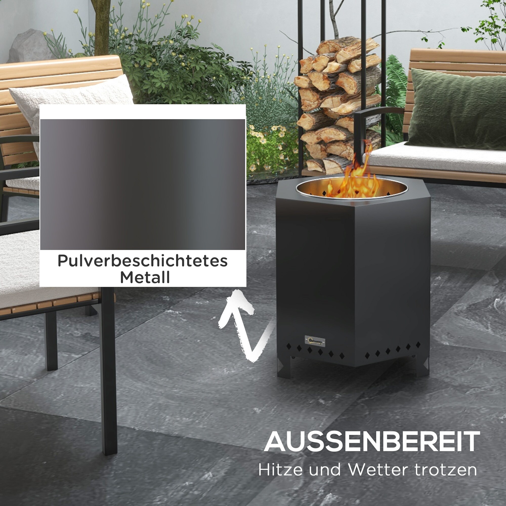 Outsunny Feuerschale mit Schürhaken schwarz 45L x 38,8B x 46,5H cm
