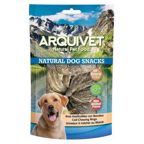 Petiscos mastigáveis em formato de anel Arquivet para cães, sabor bacalhau.