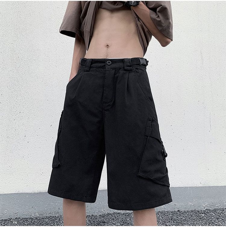 Femilina - Mid Rise Washed Buckled Cargo Shorts