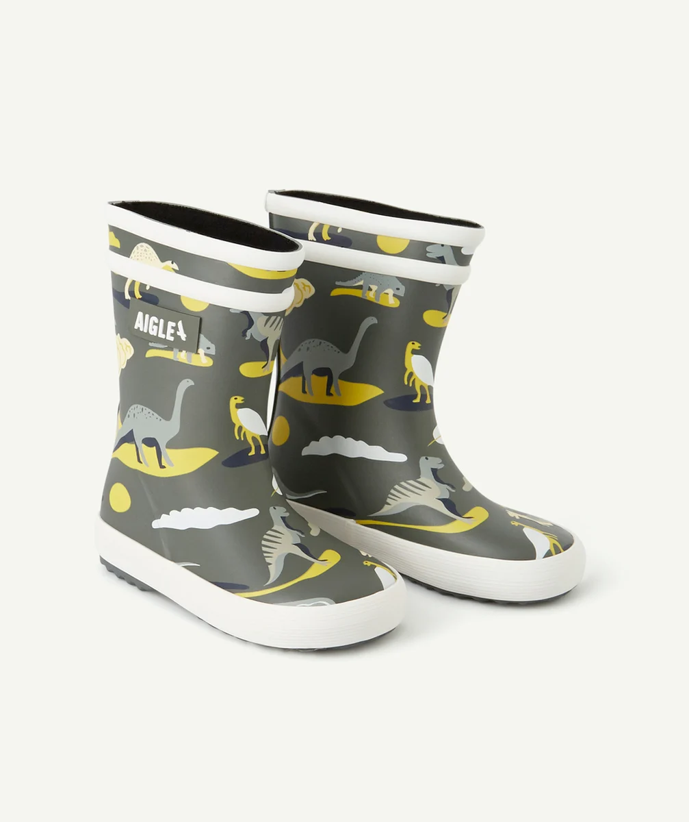 AIGLEBOTTES BABYFLAC PREMIERS PAS EN CAOUTCHOUC KAKI IMPRIMÉ DINO