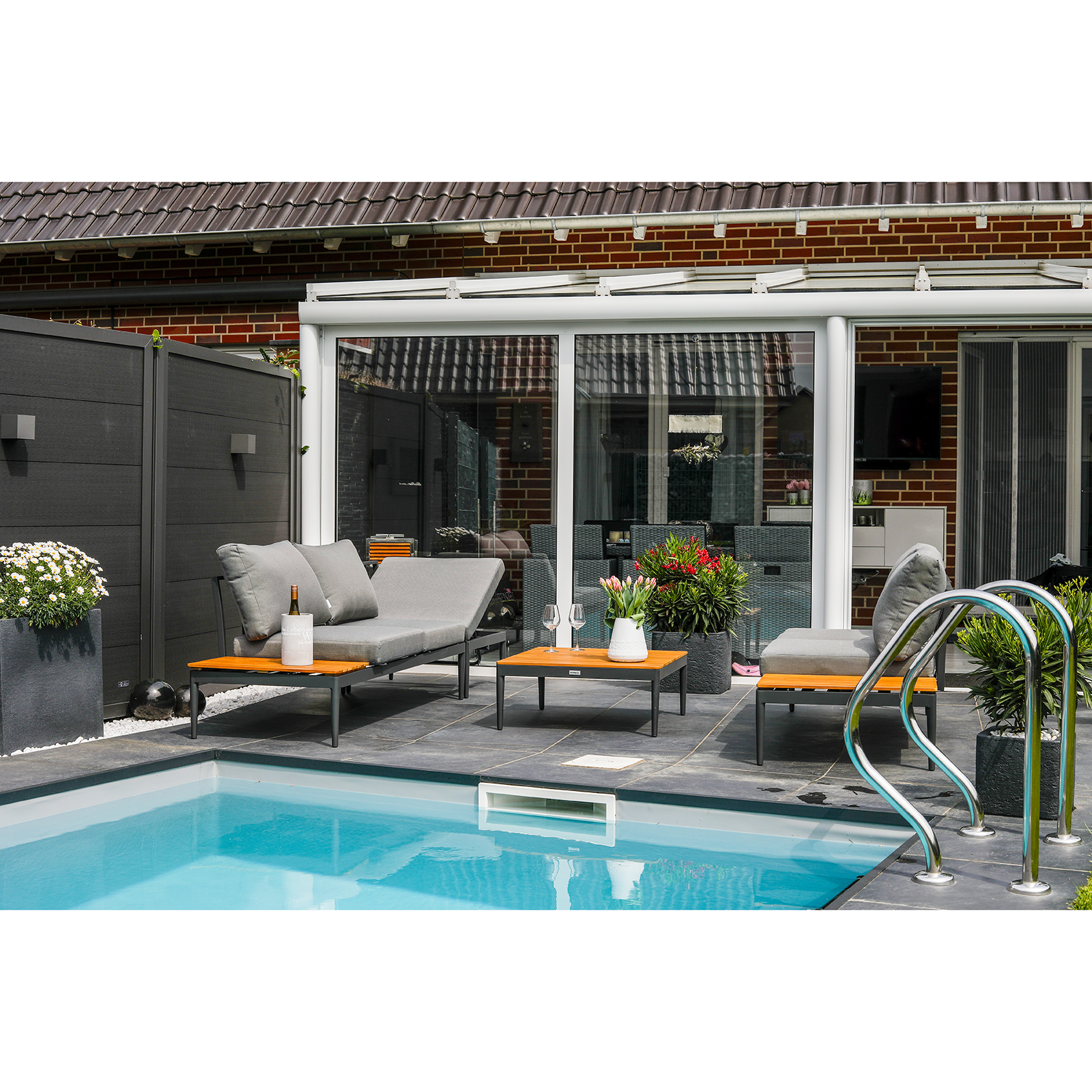 Lounge-Gartenmöbel-Set - teakfarben-grau - Akazie massiv