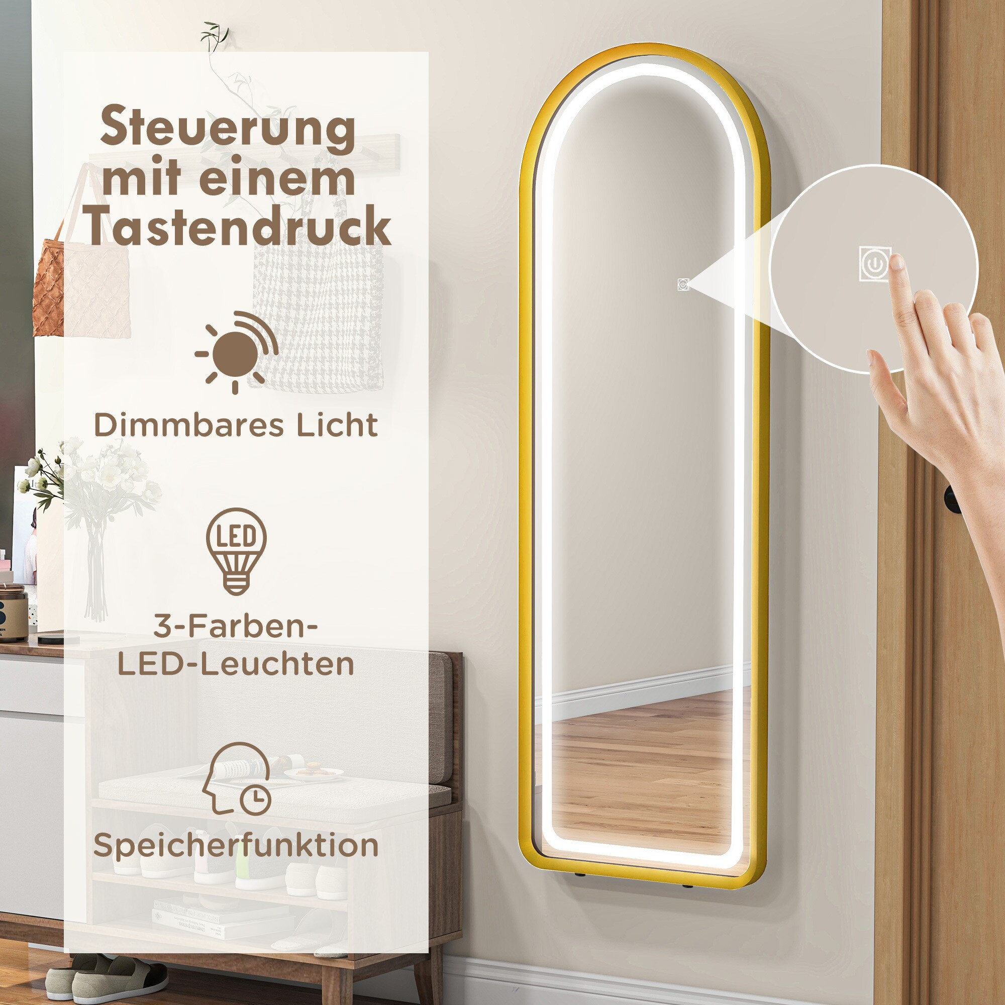 HOMCOM Ganzkörperspiegel mit Beleuchtung gold 151,5L x 50B x 4H cm