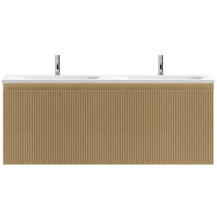 Meuble sous vasque à suspendre Pura placage chêne clair strié 120 cm + Plan double vasque en résine blanc mat