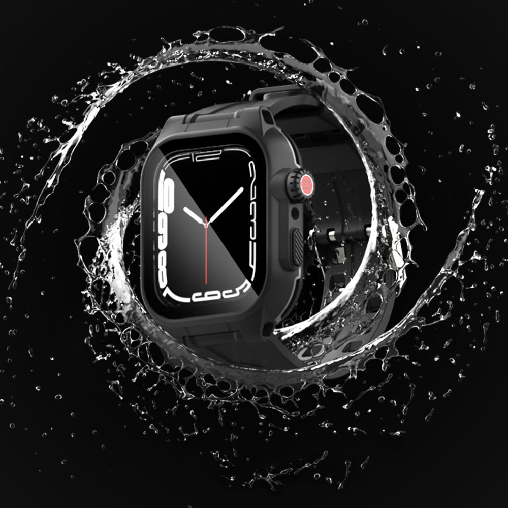3in1 Apple Watch (45 mm) Wasserfestes Silikon Armband mit Bumper Case   Display Schutz (Gelenkumfang 170-250mm) - Schwarz