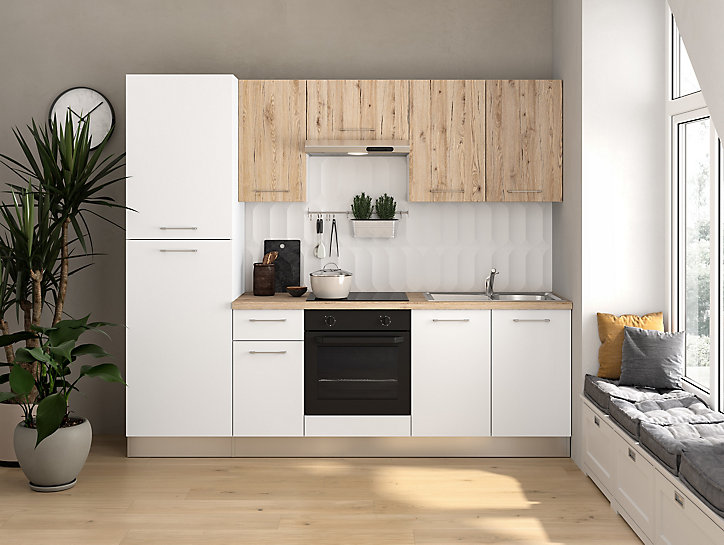 Cuisine complète pré-montée All in Urban décor bois et blanc L. 250 cm avec électroménager