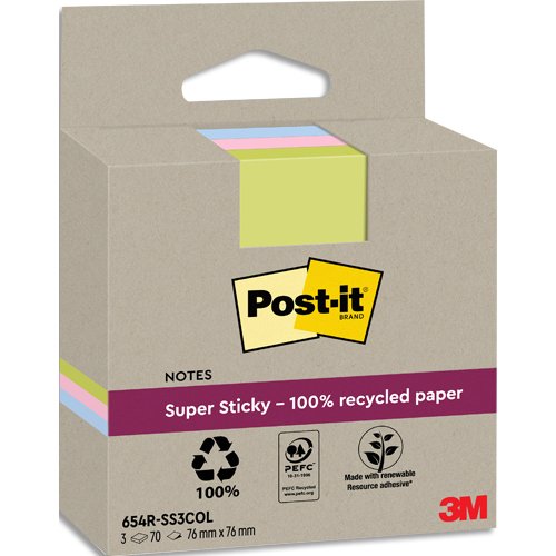 Recycling Notes assorties Super Sticky 76 x 76 mm - bloc de 70 feuilles