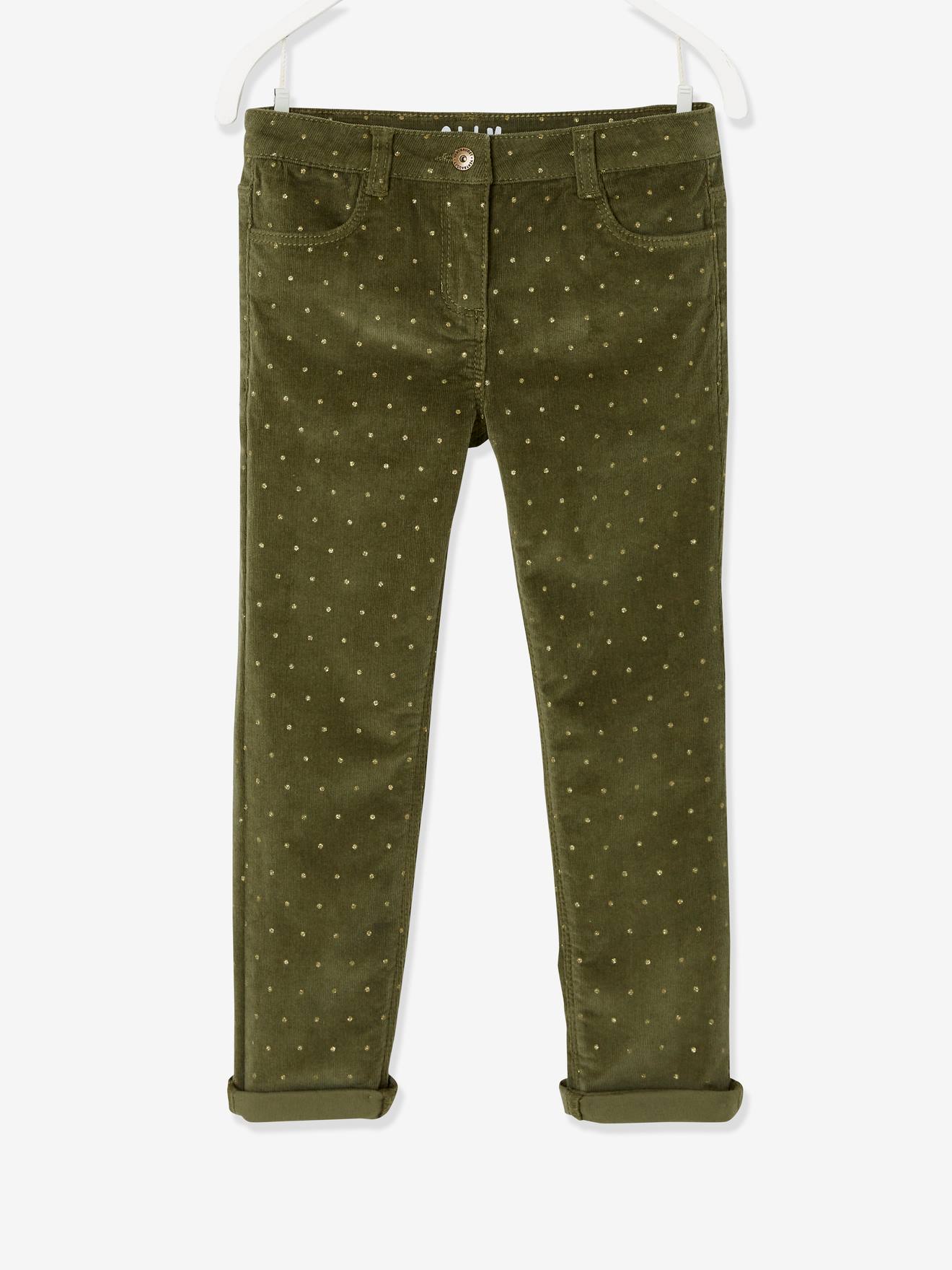 Calças de veludo cotelê slim fit para meninas da MorphologiK com bolinhas iridescentes, largura padrão no quadril, estampa verde média.