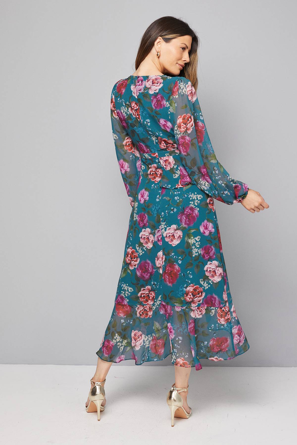 Wallis Robe Midi à Volants Péplum Fleurie