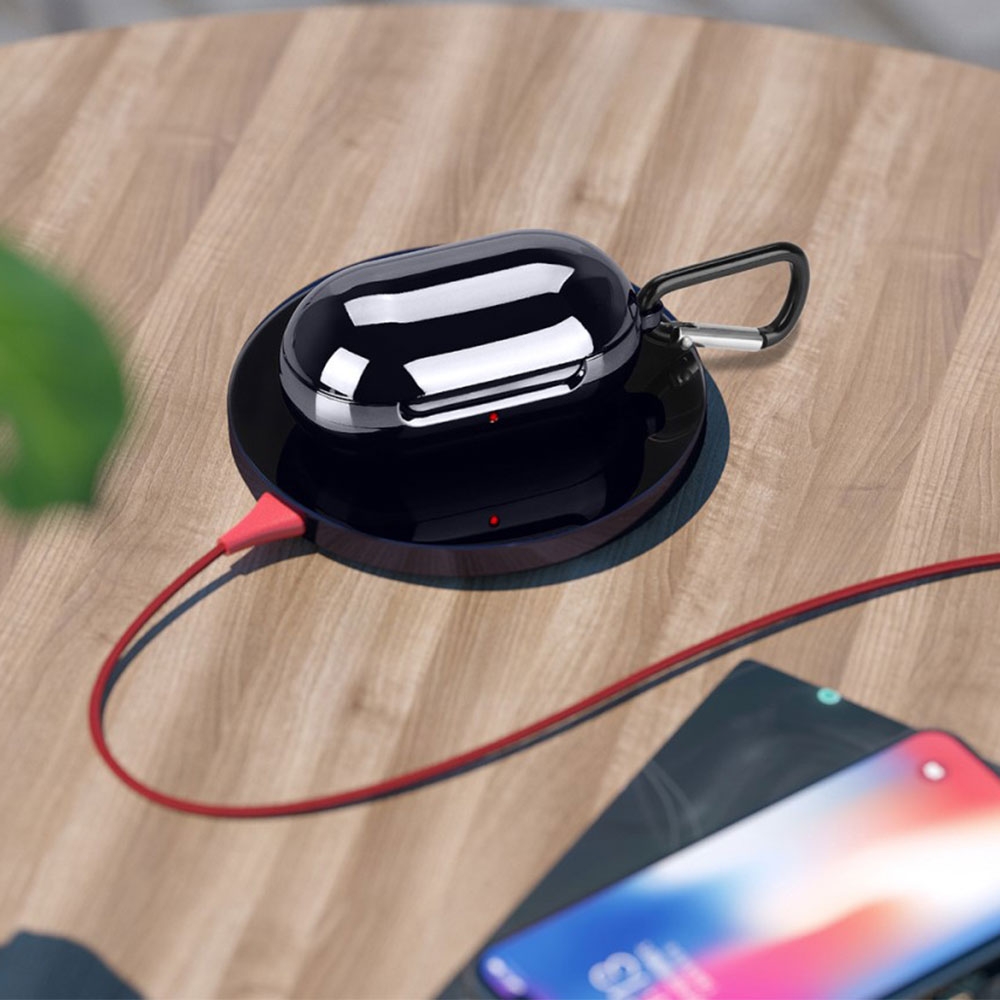 Samsung Galaxy Buds  / Galaxy Buds Galvanisierte Silikon Case Schutzhülle Abdeckung   Karabinerhaken - Schwarz