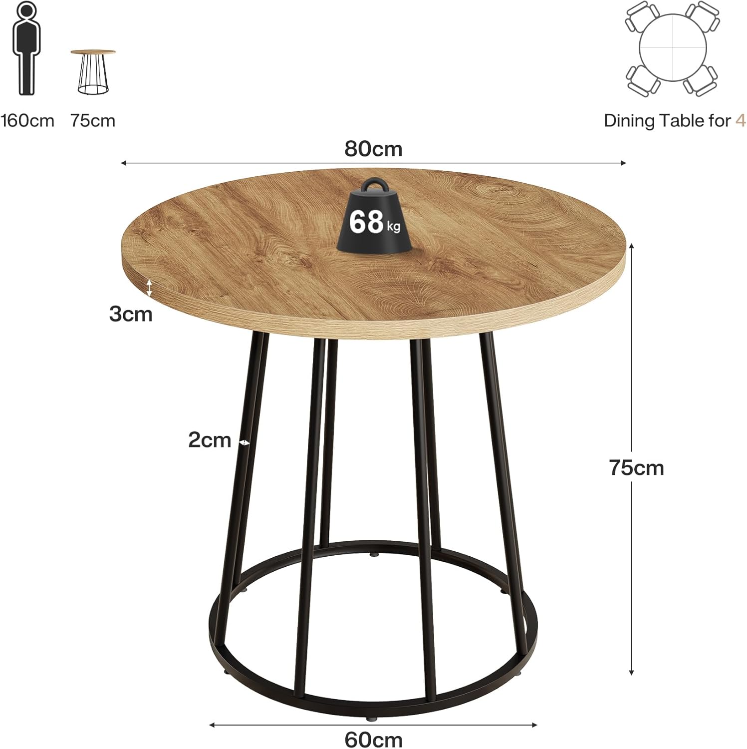 Tribesigns Runder Esstisch für 2-4 Personen, Esszimmertisch, 80 cm klein Industrial Küchentisch mit stabilem Metallgestell für Esszimmer Küche Wohnzimmer Café, Braun