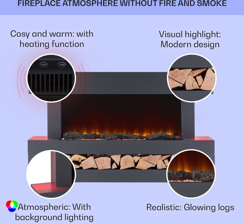 Klarstein - Studio Light & Fire 3 Smart - Elektrische Haard - Donkergrijs - Verwarmingsfunctie 1000/2000W - Wifi-Bediening