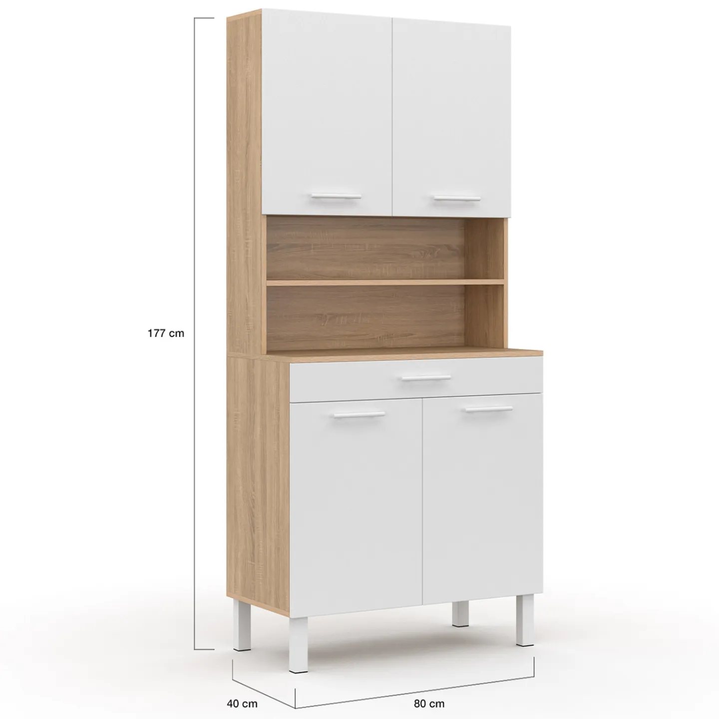 Buffet de cuisine 80 CM CINA 4 portes + tiroir façon hêtre et blanc