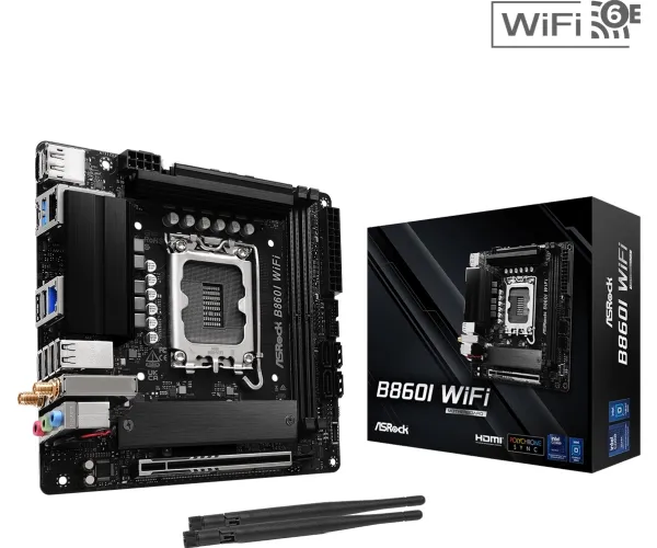 ASRock B860I WiFi - Bundkort - mini ITX - LGA1851 sokkel - B860 Chipset - USB-C 3.2 Gen 2x2, USB-C 3.2 Gen2, USB 3.2 Gen 2, USB 3.2 Gen 1 - 2.5 Gigabit LAN, Wi-Fi 6E, Bluetooth - onboard grafik (CPU påkrævet) - HD Audio (8-kanaler)
