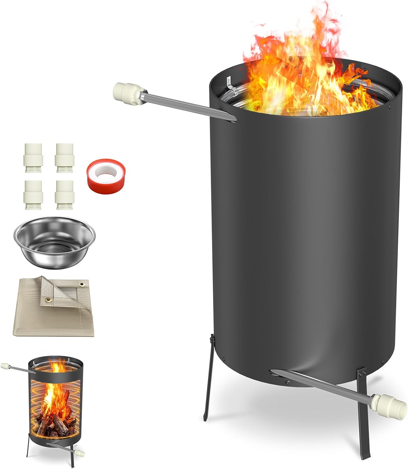 Poolheizungen mit Feuer und Heizspirale,Outdoor Poolofen, Edelstahl Schwimmbadheizung mit Ø32/38mm Anschlüsse Brennholz Pool Heizung 28L Feuertonne Holz, Schwarz, 1 Stück