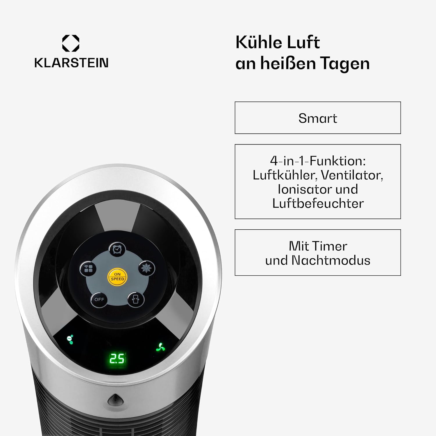 Klarstein 4-in-1: Smart Luftkühler, Ventilator, Luftbefeuchter & Ionisation I 6 L Wassertank, Oszillation, 30 W, 210 m³/h, Timer I Klimagerät ohne Abluftschlauch, Mobiles Klimagerät, Schwarz