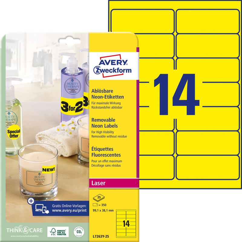 Avery Zweckform Etiketten wiederablösbar, L7263Y_25, 99.1 x 38.1 mm, 25 Blatt