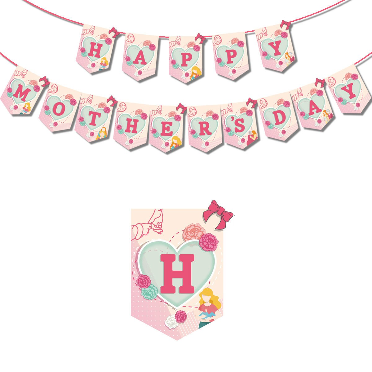 (93-tlg. Set) Happy Mother's Day Girlande Muttertags Party Dekoration   Latexballons / Kuchenstecker - Rosa / Grün
