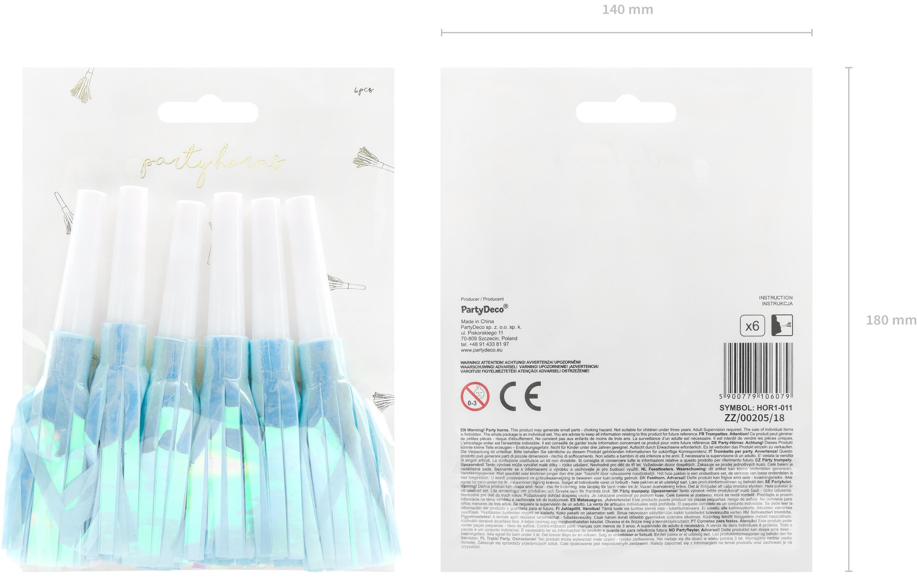 Partypfeife Hellblau, 12.5 cm, 6 StückPartytrompeten