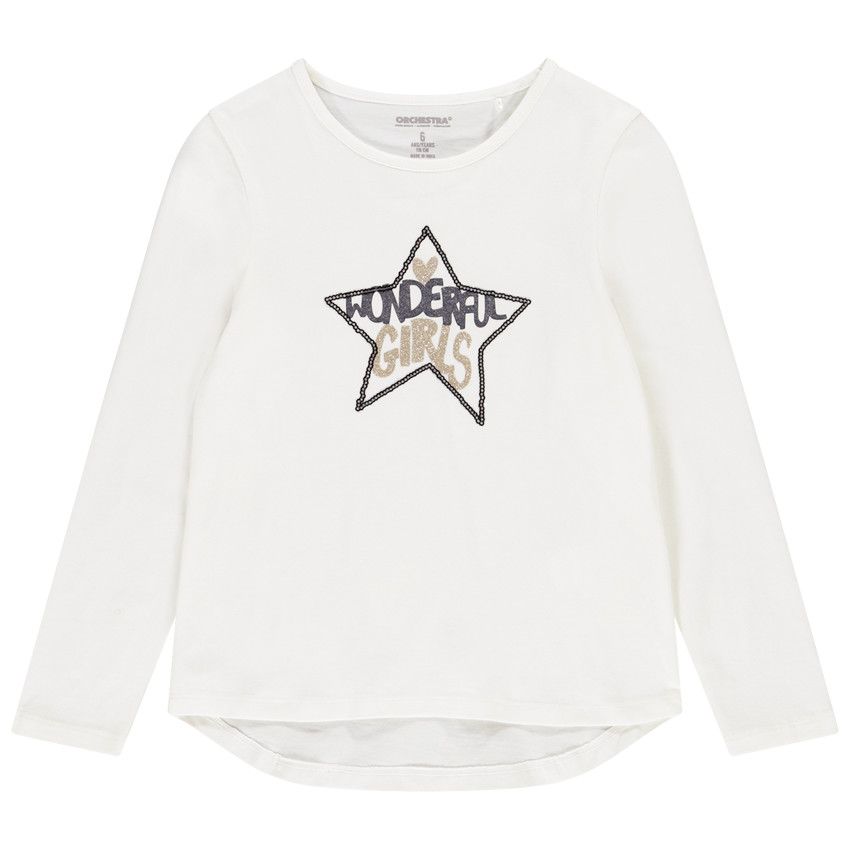 T-shirt manches longues en jersey print fantaisie pour fille - Ecru