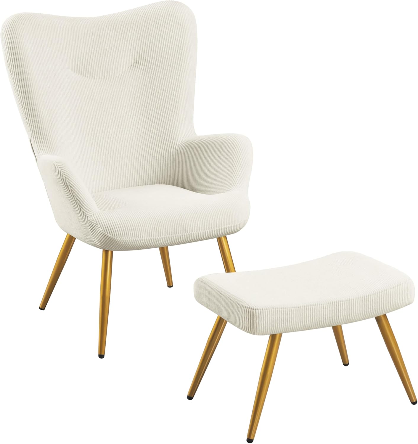 Yaheetech Ohrensessel mit Hocker aus Cordstoff Loungesessel mit Klappbarer Rückenlehne bis 136 kg belastbar Sessel fürs Wohnzimmer/Schlafzimmer Beige