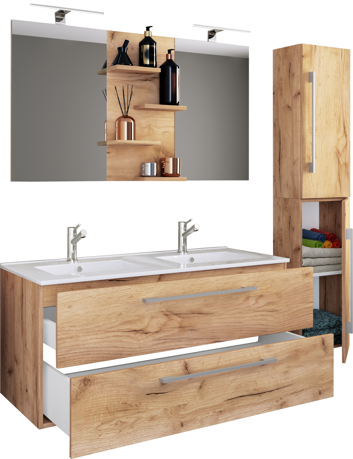 4-teiliges Badmöbel-Set BUDASI - Honig-Eiche - Spiegel - 145 cm breit