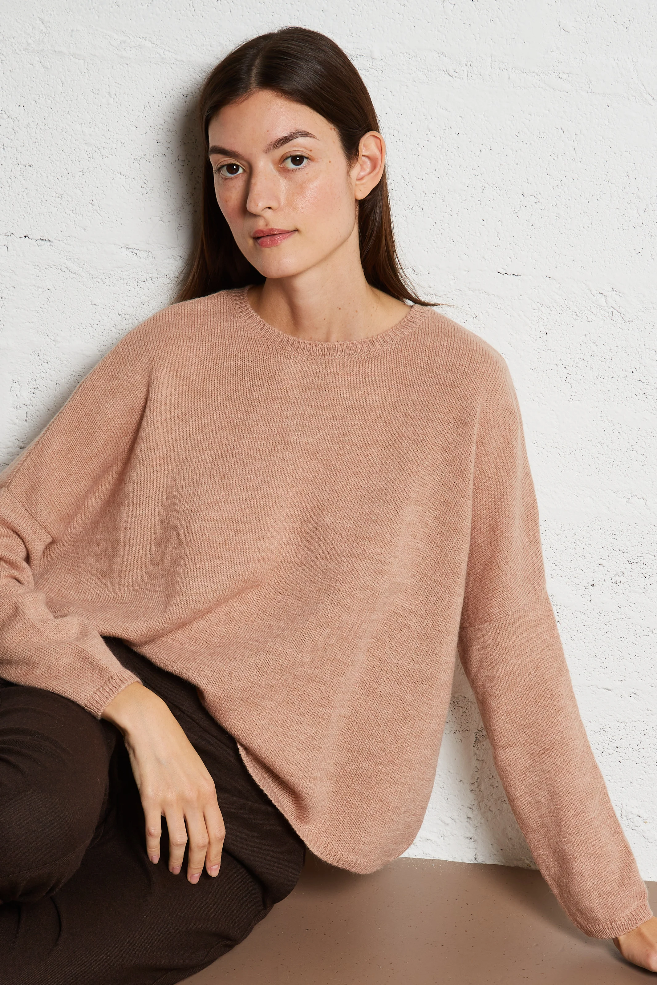 GREENVILLE - Pull ample col rond en laine mélangée | Rose