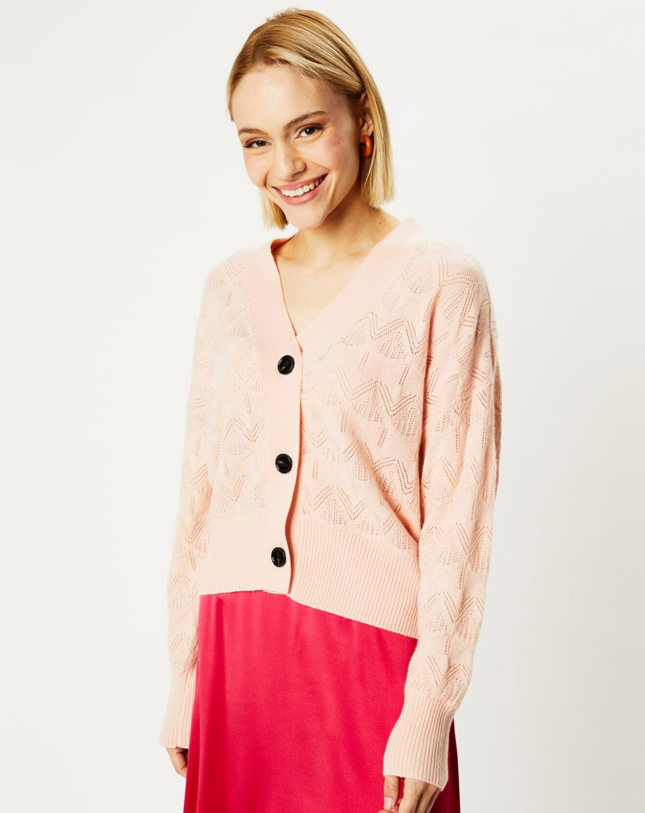 Galeries Lafayette Cardigan en Laine & Cachemire Fabiola ajouré col V rose clair