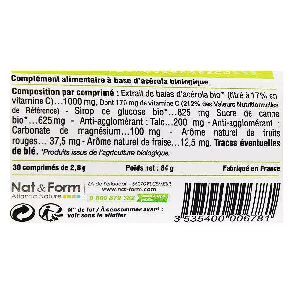 Nat & Form Acérola 1000 Bio 30 comprimés