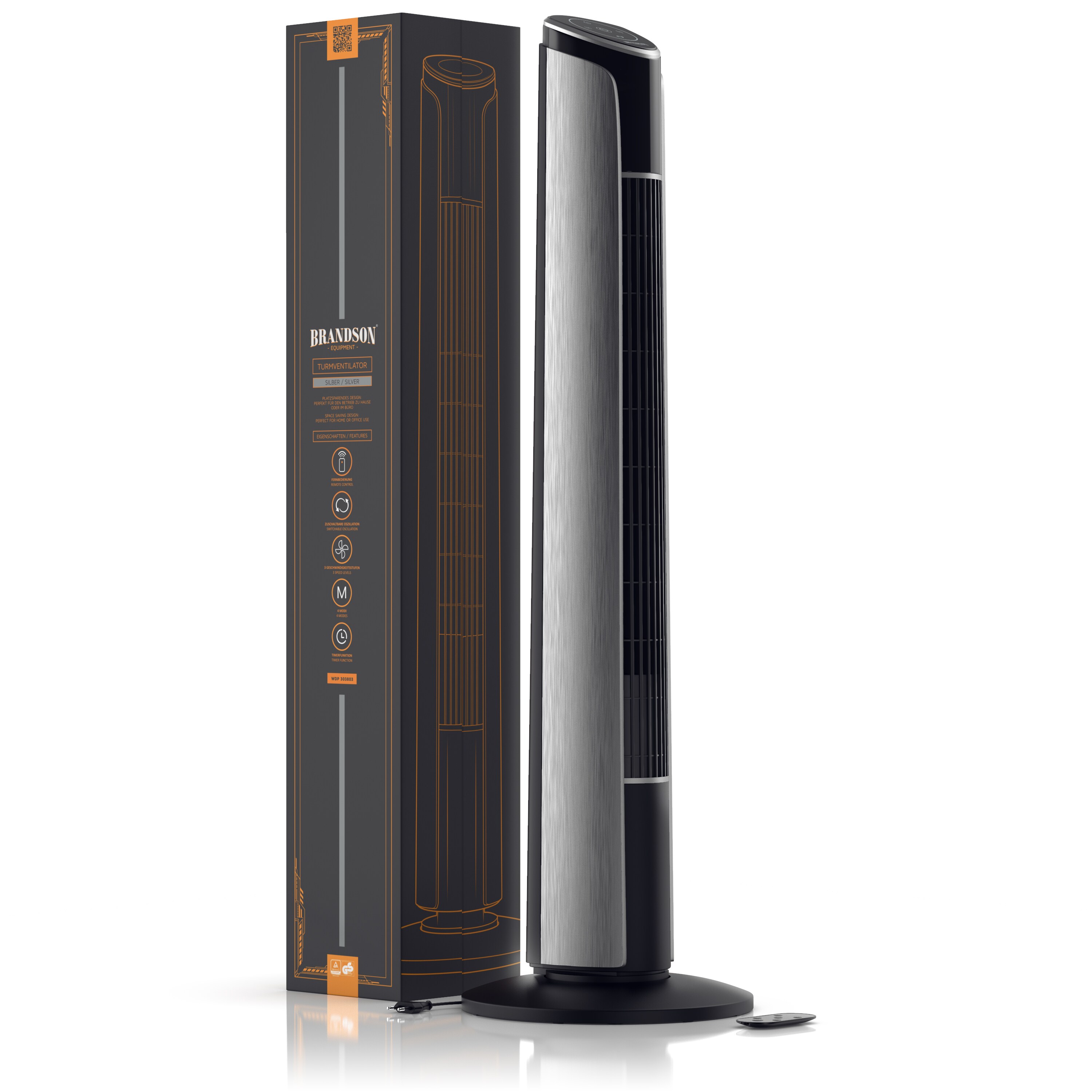 Brandson Turmventilator mit Oszillationsfunktion 65°, Ventilator neigbar 10°, Standventilator GS mit Timer, Fernbedienung, 4 Lüftungs-Modi, 108 cm