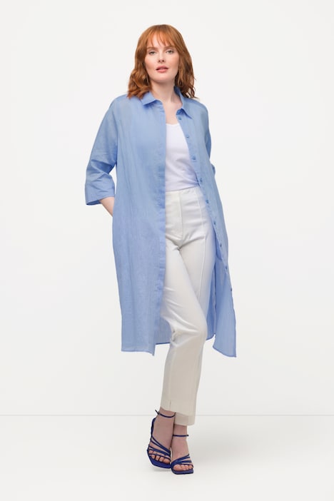 Longbluse, Leinenmix, A-Linie, Hemdkragen, 3/4-Arm
