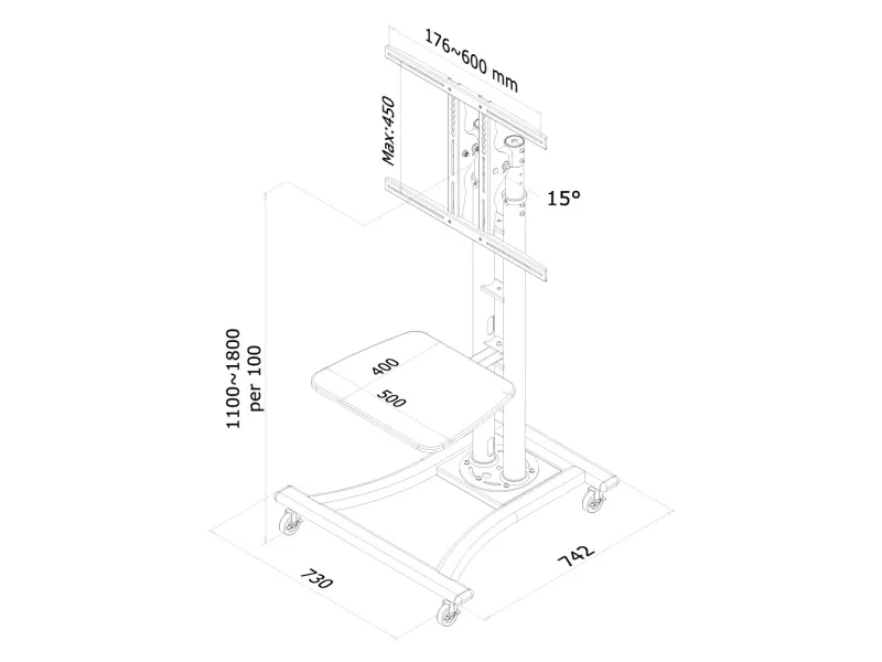 Neomounts PLASMA-M1800E - Vogn med hjul - for fladt panel/AV-udstyr - sølv - skærmstørrelse: 27