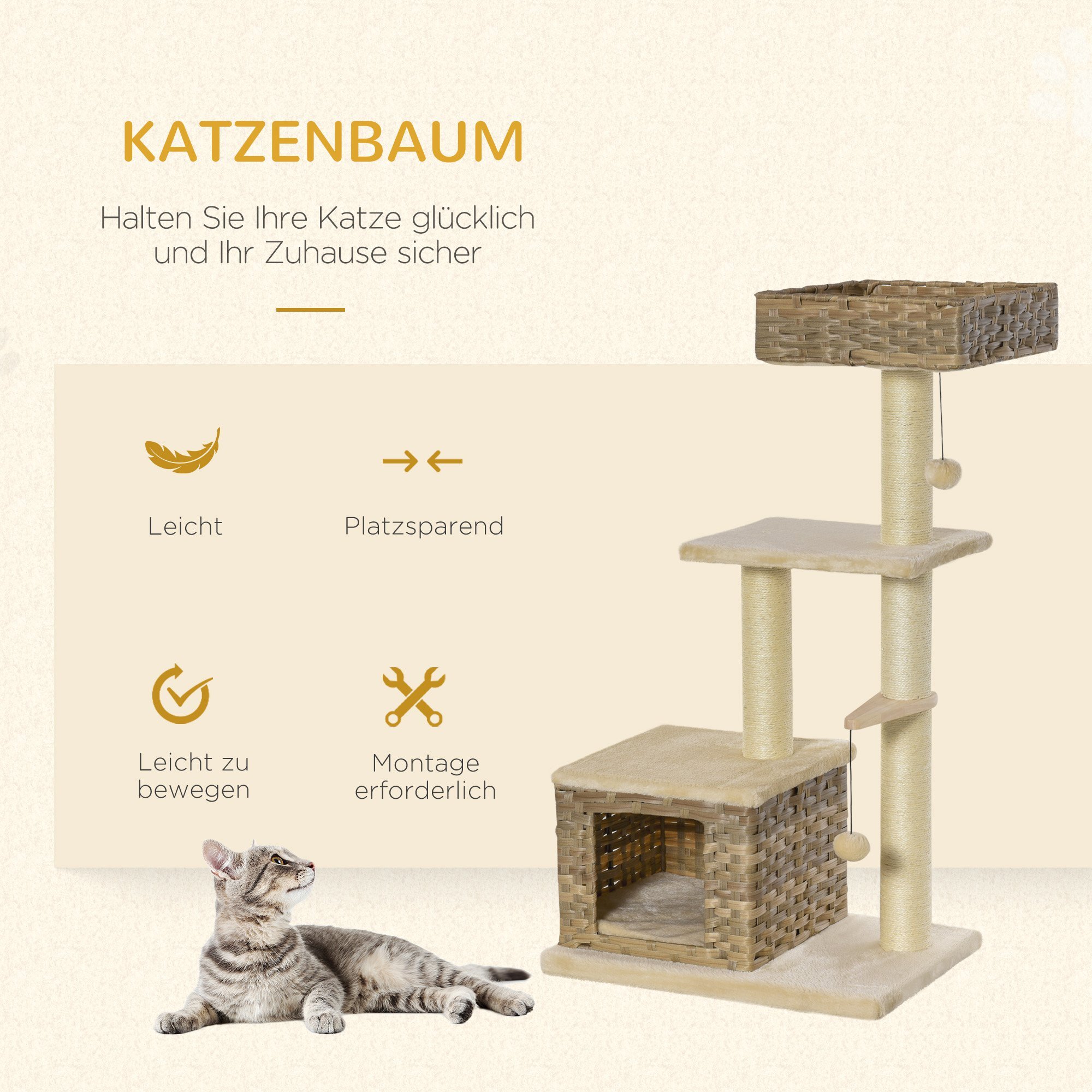 PawHut Kratzbaum mit Rattanhöhle braun, beige 60 x 40 x 109 cm (LxBxH)