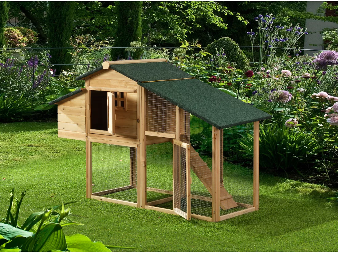 Poulailler en bois avec enclos - 4 poules - L. 173 x P. 64 x H. 108 cm - Naturel - LEVAS
