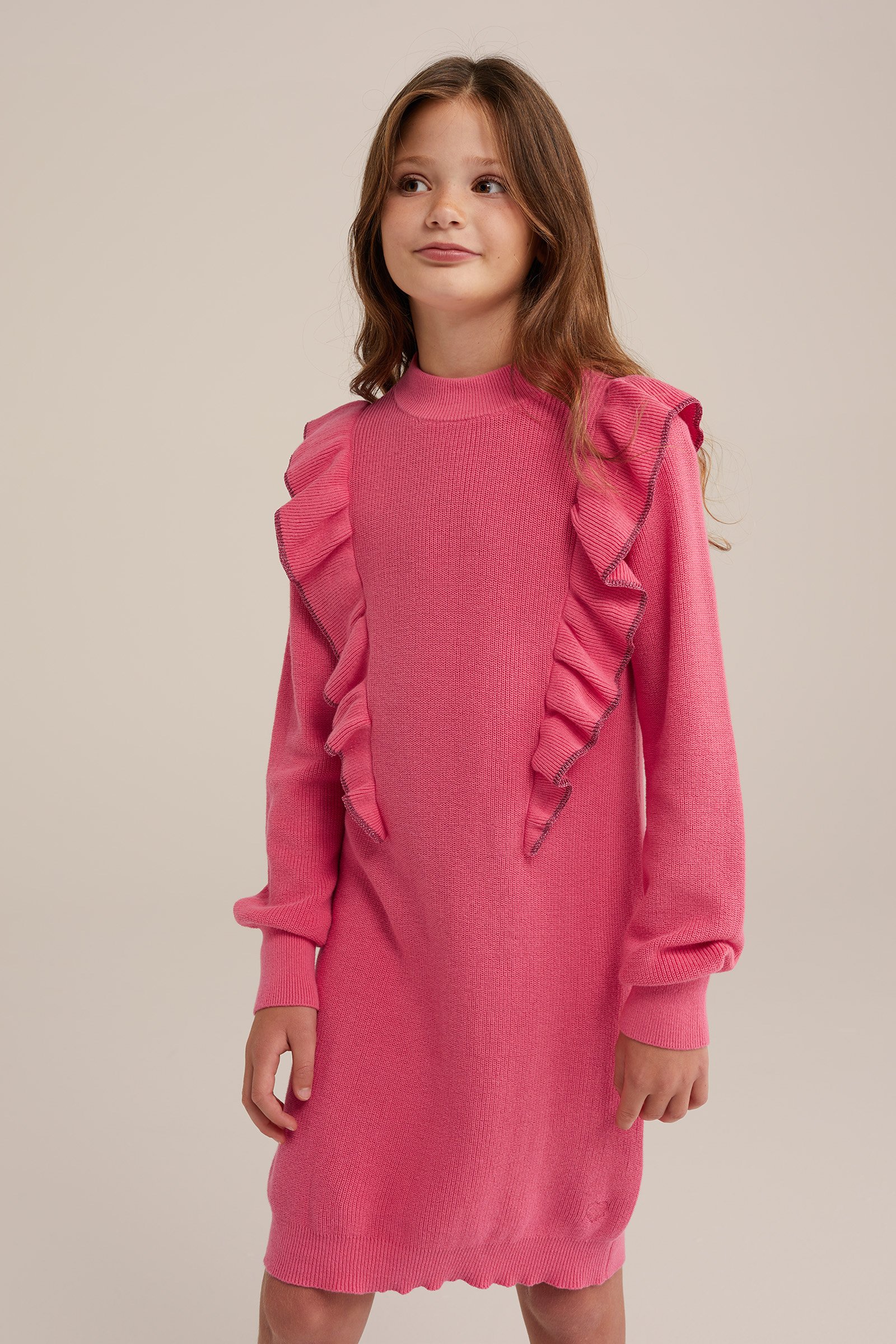 Meisjes gebreide jurk met ruches WE Fashion Roze