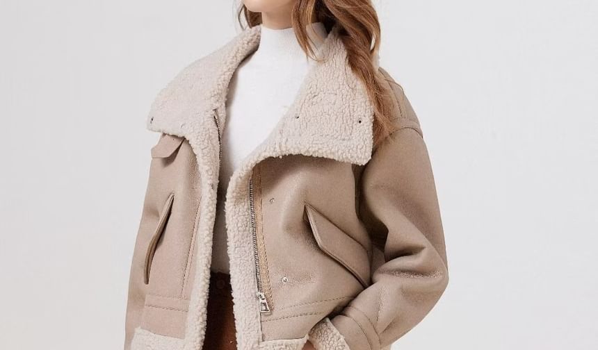 Overing - Lange mouwen imitatieleren fleece jas met rits