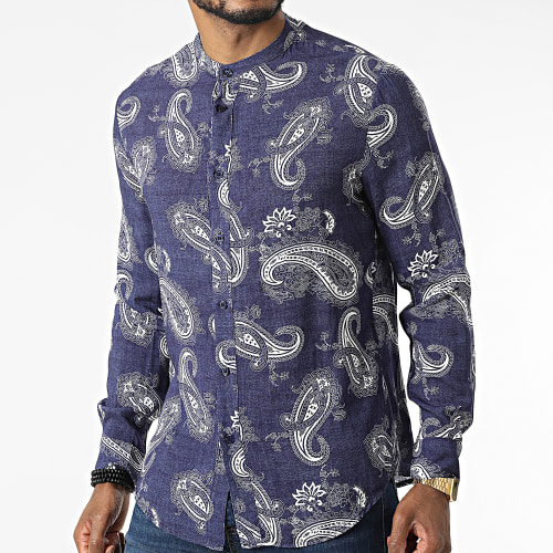 Chemise Manches Longues Col Mao Bandana UY841 Bleu Marine