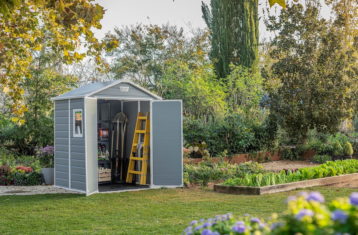 Keter Manor 6x5DD Gartenhaus wetterfest 4.8m³, Kunststoff, Outdoor, Außenmaße: BxTxH:185x152x226cm, Innenmaße: BxTxH:169x138x219cm, grau