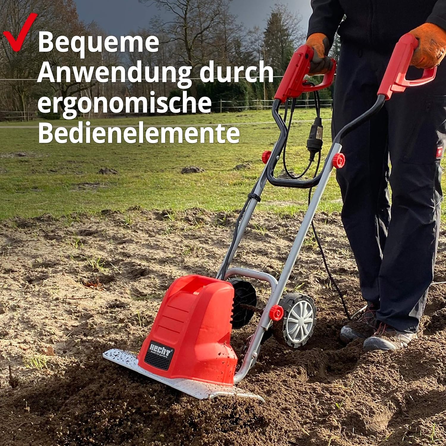 HECHT Elektro Bodenhacke für effektive Bodenbearbeitung – 1500 Watt – 24 Messer – elektrische Gartenfräse – Gartenhacke – Kultivator – zum umgraben und lockern vom Boden für perfekte Pflanzen (Rot)