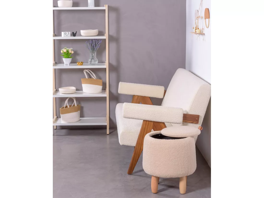 Canapé vintage en bois de teck et revêtement en boucle - Daneu - Blanc