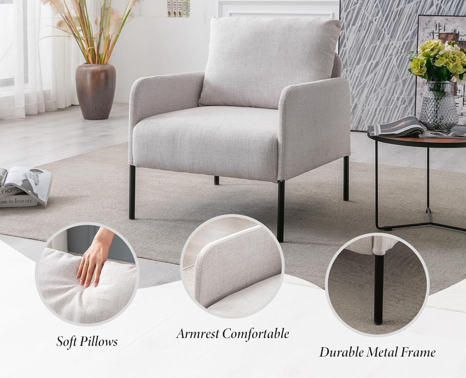 Sofa 1 sitzer Stoffsofa Leinen Einzelsofa mit Armlehnen modernes Polstersofa mit Metallbeinen mini Couch für Wohnzimmer/Schlafzimmer/Büro, Beige