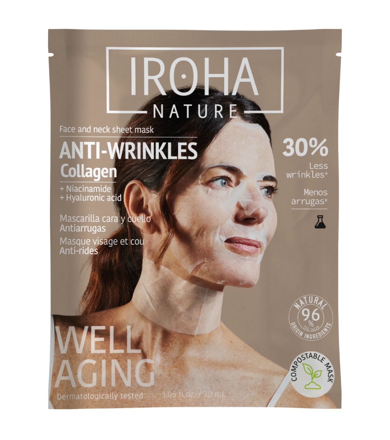 Iroha Nature - Máscara Antirrugas e Antienvelhecimento para Rosto e Pescoço - Colágeno + Ácido Hialurônico