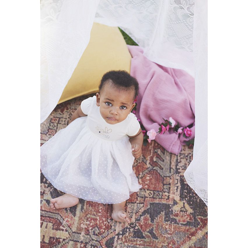 Robe de cérémonie effet 2 en 1 bi-matière pour bébé fille - Ecru